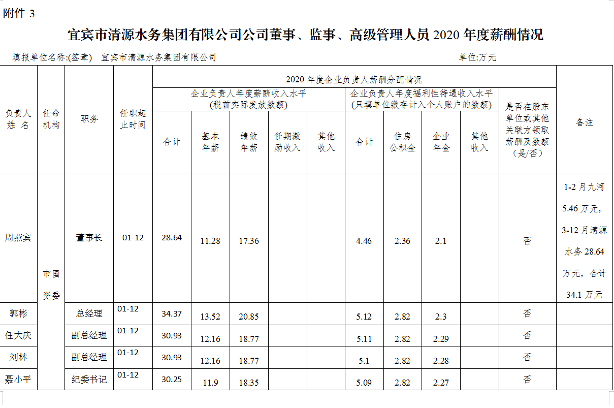 宜賓市清源水務(wù)集團有限公司公司董事、監事、高級管理人員2020年度薪酬情況